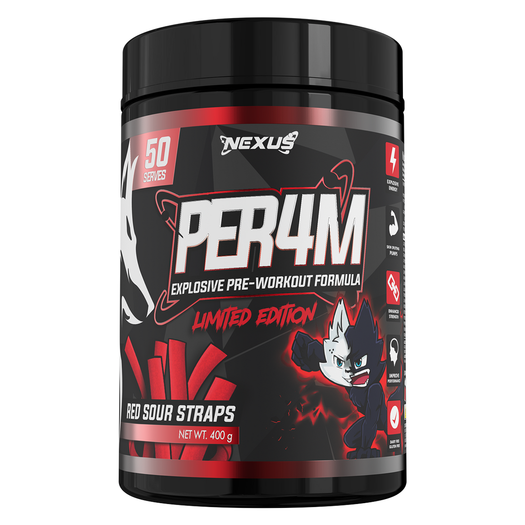 Nexus PER4M Red Sour Straps Pre Workout 50 Serves Tub