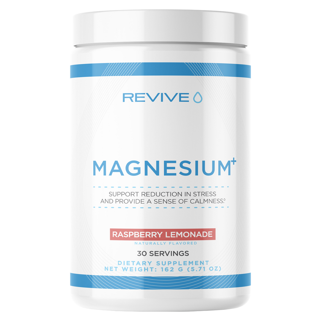 Revive Magnesium+, supports Reduction in Stress and provide a Sense of Calmness. Raspberry & Lemonade Flavour, 30 Servings.